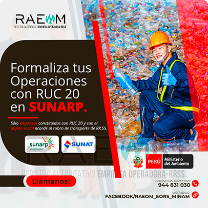 RAEOMINAM.COM RAEOMINAM RAEOM Registro Autoritativo de Empresas Operadoras MINAM, para transporte de Residuos Sólidos. Cuando tu empresa ya está oficialmente registrada en la SUNARP ya puedes proceder a inscribir tu negocio en el Registro Único de Contribuyentes (RUC 20) de la SUNAT, para identificarte como contribuyente Jurídico, para proteger el nombre de tu empresa y la legitimidad de tu negocio. El número que te proporcionen será único e identificará a tu empresa cuando tengas que hacer cualquier trámite.
                                        Facilita también tu participación empresarial en licitaciones y procesos de selección del Estado.