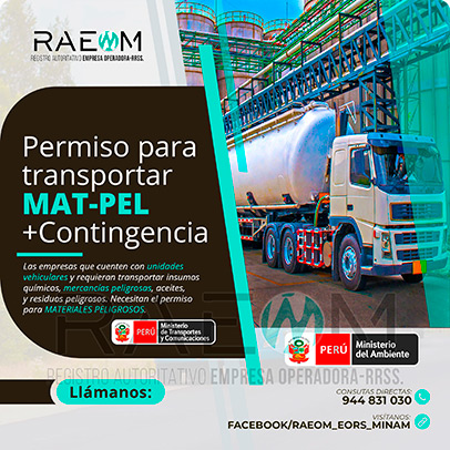 RAEOMINAM.COM RAEOMINAM RAEOM Registro Autoritativo de Empresas Operadoras MINAM, para transporte de Residuos Sólidos. Las empresas de transportes que trasladan materiales y/o residuos peligrosos deben solicitar al MTC la aprobación de su plan de contingencia. En él se establecen las rutas, materiales y/o residuos peligrosos a transportar y las acciones o medidas de mitigación en caso ocurra un siniestro o accidente, a fin de preservar la salud de la población y el cuidado del medioambiente.
                                        Clase 1: Explosivos. 
                                        Clase 2: Gases.
                                        Clase 3: Líquidos inflamables. 
                                        Clase 4: Sólidos inflamables. 
                                        Clase 5: Sustancias comburentes y peróxidos orgánicos. 
                                        Clase 6: Sustancias tóxicas y sustancias infecciosas. 
                                        Clase 7: Materiales radiactivos.
                                        Clase 8: Sustancias corrosivas.
                                        Clase 9: Sustancias y objetos peligrosos varios.