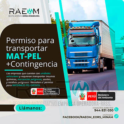 RAEOMINAM.COM RAEOMINAM RAEOM Registro Autoritativo de Empresas Operadoras MINAM, para transporte de Residuos Sólidos. Las empresas de transportes que trasladan materiales y/o residuos peligrosos deben solicitar al MTC la aprobación de su plan de contingencia. En él se establecen las rutas, materiales y/o residuos peligrosos a transportar y las acciones o medidas de mitigación en caso ocurra un siniestro o accidente, a fin de preservar la salud de la población y el cuidado del medioambiente.
                                        Clase 1: Explosivos. 
                                        Clase 2: Gases.
                                        Clase 3: Líquidos inflamables. 
                                        Clase 4: Sólidos inflamables. 
                                        Clase 5: Sustancias comburentes y peróxidos orgánicos. 
                                        Clase 6: Sustancias tóxicas y sustancias infecciosas. 
                                        Clase 7: Materiales radiactivos.
                                        Clase 8: Sustancias corrosivas.
                                        Clase 9: Sustancias y objetos peligrosos varios.