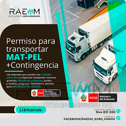 RAEOMINAM.COM RAEOMINAM RAEOM Registro Autoritativo de Empresas Operadoras MINAM, para transporte de Residuos Sólidos. Las empresas de transportes que trasladan materiales y/o residuos peligrosos deben solicitar al MTC la aprobación de su plan de contingencia. En él se establecen las rutas, materiales y/o residuos peligrosos a transportar y las acciones o medidas de mitigación en caso ocurra un siniestro o accidente, a fin de preservar la salud de la población y el cuidado del medioambiente.
                                        Clase 1: Explosivos. 
                                        Clase 2: Gases.
                                        Clase 3: Líquidos inflamables. 
                                        Clase 4: Sólidos inflamables. 
                                        Clase 5: Sustancias comburentes y peróxidos orgánicos. 
                                        Clase 6: Sustancias tóxicas y sustancias infecciosas. 
                                        Clase 7: Materiales radiactivos.
                                        Clase 8: Sustancias corrosivas.
                                        Clase 9: Sustancias y objetos peligrosos varios.