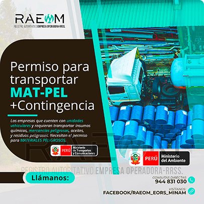 RAEOMINAM.COM RAEOMINAM RAEOM Registro Autoritativo de Empresas Operadoras MINAM, para transporte de Residuos Sólidos. Las empresas de transportes que trasladan materiales y/o residuos peligrosos deben solicitar al MTC la aprobación de su plan de contingencia. En él se establecen las rutas, materiales y/o residuos peligrosos a transportar y las acciones o medidas de mitigación en caso ocurra un siniestro o accidente, a fin de preservar la salud de la población y el cuidado del medioambiente.
                                        Clase 1: Explosivos. 
                                        Clase 2: Gases.
                                        Clase 3: Líquidos inflamables. 
                                        Clase 4: Sólidos inflamables. 
                                        Clase 5: Sustancias comburentes y peróxidos orgánicos. 
                                        Clase 6: Sustancias tóxicas y sustancias infecciosas. 
                                        Clase 7: Materiales radiactivos.
                                        Clase 8: Sustancias corrosivas.
                                        Clase 9: Sustancias y objetos peligrosos varios.