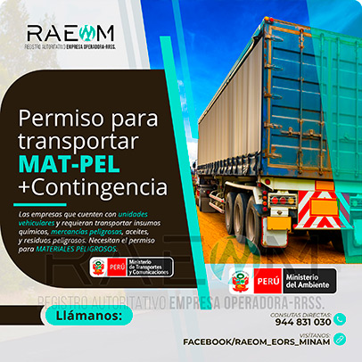 RAEOMINAM.COM RAEOMINAM RAEOM Registro Autoritativo de Empresas Operadoras MINAM, para transporte de Residuos Sólidos. Las empresas de transportes que trasladan materiales y/o residuos peligrosos deben solicitar al MTC la aprobación de su plan de contingencia. En él se establecen las rutas, materiales y/o residuos peligrosos a transportar y las acciones o medidas de mitigación en caso ocurra un siniestro o accidente, a fin de preservar la salud de la población y el cuidado del medioambiente.
                                        Clase 1: Explosivos. 
                                        Clase 2: Gases.
                                        Clase 3: Líquidos inflamables. 
                                        Clase 4: Sólidos inflamables. 
                                        Clase 5: Sustancias comburentes y peróxidos orgánicos. 
                                        Clase 6: Sustancias tóxicas y sustancias infecciosas. 
                                        Clase 7: Materiales radiactivos.
                                        Clase 8: Sustancias corrosivas.
                                        Clase 9: Sustancias y objetos peligrosos varios.