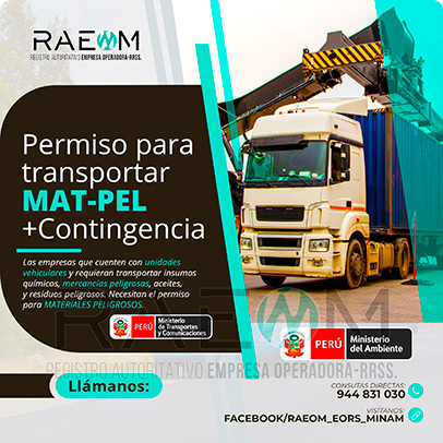 RAEOMINAM.COM RAEOMINAM RAEOM Registro Autoritativo de Empresas Operadoras MINAM, para transporte de Residuos Sólidos. Las empresas de transportes que trasladan materiales y/o residuos peligrosos deben solicitar al MTC la aprobación de su plan de contingencia. En él se establecen las rutas, materiales y/o residuos peligrosos a transportar y las acciones o medidas de mitigación en caso ocurra un siniestro o accidente, a fin de preservar la salud de la población y el cuidado del medioambiente.
                                        Clase 1: Explosivos. 
                                        Clase 2: Gases.
                                        Clase 3: Líquidos inflamables. 
                                        Clase 4: Sólidos inflamables. 
                                        Clase 5: Sustancias comburentes y peróxidos orgánicos. 
                                        Clase 6: Sustancias tóxicas y sustancias infecciosas. 
                                        Clase 7: Materiales radiactivos.
                                        Clase 8: Sustancias corrosivas.
                                        Clase 9: Sustancias y objetos peligrosos varios.