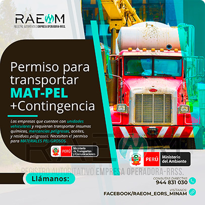 RAEOMINAM.COM RAEOMINAM RAEOM Registro Autoritativo de Empresas Operadoras MINAM, para transporte de Residuos Sólidos. Las empresas de transportes que trasladan materiales y/o residuos peligrosos deben solicitar al MTC la aprobación de su plan de contingencia. En él se establecen las rutas, materiales y/o residuos peligrosos a transportar y las acciones o medidas de mitigación en caso ocurra un siniestro o accidente, a fin de preservar la salud de la población y el cuidado del medioambiente.
                                        Clase 1: Explosivos. 
                                        Clase 2: Gases.
                                        Clase 3: Líquidos inflamables. 
                                        Clase 4: Sólidos inflamables. 
                                        Clase 5: Sustancias comburentes y peróxidos orgánicos. 
                                        Clase 6: Sustancias tóxicas y sustancias infecciosas. 
                                        Clase 7: Materiales radiactivos.
                                        Clase 8: Sustancias corrosivas.
                                        Clase 9: Sustancias y objetos peligrosos varios.