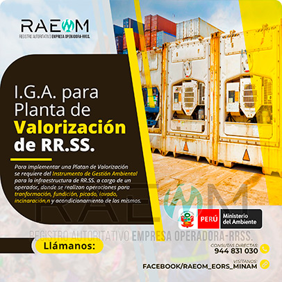 RAEOMINAM.COM RAEOMINAM RAEOM Registro Autoritativo de Empresas Operadoras MINAM, para transporte de Residuos Sólidos. Las plantas de valorización son infraestructuras donde se realizan las siguientes operaciones:
                                        a) Actividades de acondicionamiento señaladas en la normatividad;
                                        b) Biodegradación de la fracción orgánica de los residuos con fines de producción de energía o mejorador de suelo;
                                        c) Uso de residuos orgánicos para el desarrollo de compostaje;
                                        d) Recuperación de aceites usados;
                                        e) Desmantelamiento/desensamblaje de residuos de aparatos eléctricos y electrónicos;
                                        f) Otras alternativas de valorización.