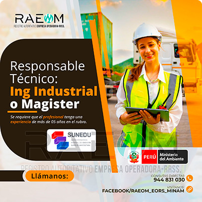 RAEOMINAM.COM RAEOMINAM RAEOM Registro Autoritativo de Empresas Operadoras MINAM, para transporte de Residuos Sólidos. Documentos que acrediten la especialización y la experiencia en la gestión y manejo de residuos sólidos.
                                        Además, presentar una carta de compromiso debidamente firmada por el/la profesional que se hará cargo de la dirección técnica de la EO-RS; adjuntando para ello, en caso corresponda, copia de los documentos establecidos en la normatividad y reglamento vigente.
                                        Asimismo, se debe indicar la autenticidad de los documentos presentados en copia simple, lo cual tendrá carácter de declaración jurada, de conformidad con lo establecido en el artículo 47 del Texto Único Ordenado de la Ley N° 27444, Ley del Procedimiento Administrativo General.