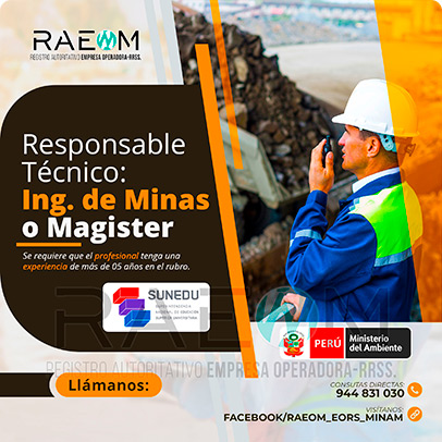 RAEOMINAM.COM RAEOMINAM RAEOM Registro Autoritativo de Empresas Operadoras MINAM, para transporte de Residuos Sólidos. Documentos que acrediten la especialización y la experiencia en la gestión y manejo de residuos sólidos.
                                        Además, presentar una carta de compromiso debidamente firmada por el/la profesional que se hará cargo de la dirección técnica de la EO-RS; adjuntando para ello, en caso corresponda, copia de los documentos establecidos en la normatividad y reglamento vigente.
                                        Asimismo, se debe indicar la autenticidad de los documentos presentados en copia simple, lo cual tendrá carácter de declaración jurada, de conformidad con lo establecido en el artículo 47 del Texto Único Ordenado de la Ley N° 27444, Ley del Procedimiento Administrativo General.