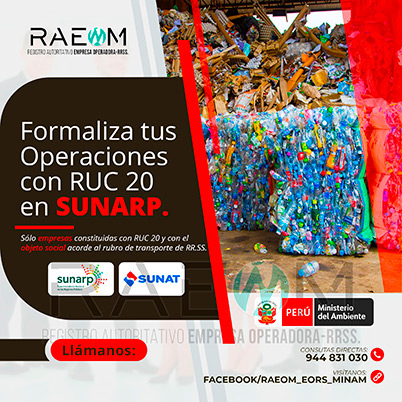 RAEOMINAM.COM RAEOMINAM RAEOM Registro Autoritativo de Empresas Operadoras MINAM, para transporte de Residuos Sólidos. Cuando tu empresa ya está oficialmente registrada en la SUNARP ya puedes proceder a inscribir tu negocio en el Registro Único de Contribuyentes (RUC 20) de la SUNAT, para identificarte como contribuyente Jurídico, para proteger el nombre de tu empresa y la legitimidad de tu negocio. El número que te proporcionen será único e identificará a tu empresa cuando tengas que hacer cualquier trámite.
                                                    Facilita también tu participación empresarial en licitaciones y procesos de selección del Estado.