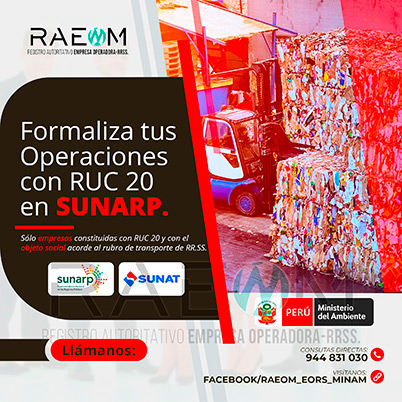 RAEOMINAM.COM RAEOMINAM RAEOM Registro Autoritativo de Empresas Operadoras MINAM, para transporte de Residuos Sólidos. Cuando tu empresa ya está oficialmente registrada en la SUNARP ya puedes proceder a inscribir tu negocio en el Registro Único de Contribuyentes (RUC 20) de la SUNAT, para identificarte como contribuyente Jurídico, para proteger el nombre de tu empresa y la legitimidad de tu negocio. El número que te proporcionen será único e identificará a tu empresa cuando tengas que hacer cualquier trámite.
                                                    Facilita también tu participación empresarial en licitaciones y procesos de selección del Estado.