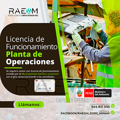 RAEOMINAM.COM RAEOMINAM RAEOM Registro Autoritativo de Empresas Operadoras MINAM, para transporte de Residuos Sólidos. Según corresponda, expedida por la autoridad municipal respectiva, consignando un giro de negocio acorde a las operaciones a desarrollar. El MINAM establece otros tipos de infraestructura de residuos sólidos, las condiciones para su implementación y funcionamiento, siempre que sustente su utilidad dentro del ciclo de gestión de residuos sólidos. El otorgamiento de la Licencia de Funcionamiento para la infraestructura de residuos sólidos se rige por lo dispuesto en la normativa vigente.