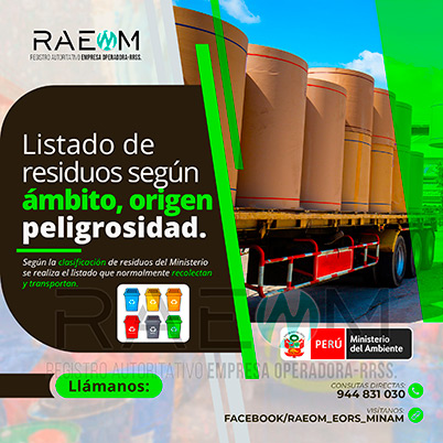 RAEOMINAM.COM RAEOMINAM RAEOM Registro Autoritativo de Empresas Operadoras MINAM, para transporte de Residuos Sólidos. Para la identificación de un residuos sólido priorizado se podrá tener en cuenta, los siguientes criterios:
                                a) Identificación del origen y cadena de valor del residuo sólido del bien. 
                                b) Volumen de generación de residuos sólidos asociado al bien. 
                                c) Peligrosidad de los residuos sólidos del bien. 
                                d) Posibilidad de valorización de los residuos sólidos del bien. 
                                e) Alternativas de tecnologías disponibles para su valorización material o energética.