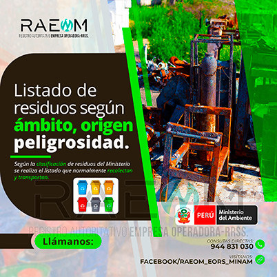 RAEOMINAM.COM RAEOMINAM RAEOM Registro Autoritativo de Empresas Operadoras MINAM, para transporte de Residuos Sólidos. Para la identificación de un residuos sólido priorizado se podrá tener en cuenta, los siguientes criterios:
                                a) Identificación del origen y cadena de valor del residuo sólido del bien. 
                                b) Volumen de generación de residuos sólidos asociado al bien. 
                                c) Peligrosidad de los residuos sólidos del bien. 
                                d) Posibilidad de valorización de los residuos sólidos del bien. 
                                e) Alternativas de tecnologías disponibles para su valorización material o energética.