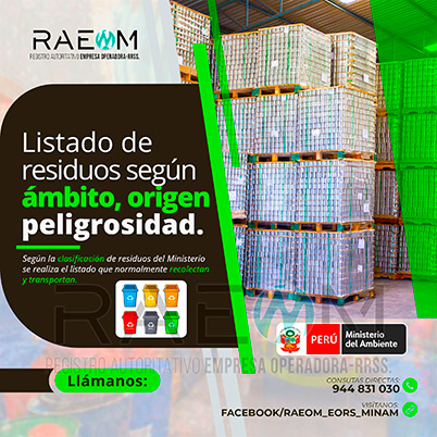 RAEOMINAM.COM RAEOMINAM RAEOM Registro Autoritativo de Empresas Operadoras MINAM, para transporte de Residuos Sólidos. Para la identificación de un residuos sólido priorizado se podrá tener en cuenta, los siguientes criterios:
                                a) Identificación del origen y cadena de valor del residuo sólido del bien. 
                                b) Volumen de generación de residuos sólidos asociado al bien. 
                                c) Peligrosidad de los residuos sólidos del bien. 
                                d) Posibilidad de valorización de los residuos sólidos del bien. 
                                e) Alternativas de tecnologías disponibles para su valorización material o energética.