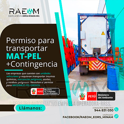 RAEOMINAM.COM RAEOMINAM RAEOM Registro Autoritativo de Empresas Operadoras MINAM, para transporte de Residuos Sólidos. Las empresas de transportes que trasladan materiales y/o residuos peligrosos deben solicitar al MTC la aprobación de su plan de contingencia. En él se establecen las rutas, materiales y/o residuos peligrosos a transportar y las acciones o medidas de mitigación en caso ocurra un siniestro o accidente, a fin de preservar la salud de la población y el cuidado del medioambiente.
                                                    Clase 1: Explosivos. 
                                                    Clase 2: Gases.
                                                    Clase 3: Líquidos inflamables. 
                                                    Clase 4: Sólidos inflamables. 
                                                    Clase 5: Sustancias comburentes y peróxidos orgánicos. 
                                                    Clase 6: Sustancias tóxicas y sustancias infecciosas. 
                                                    Clase 7: Materiales radiactivos.
                                                    Clase 8: Sustancias corrosivas.
                                                    Clase 9: Sustancias y objetos peligrosos varios.