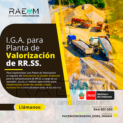 RAEOMINAM.COM RAEOMINAM RAEOM Registro Autoritativo de Empresas Operadoras MINAM, para transporte de Residuos Sólidos. Las plantas de valorización son infraestructuras donde se realizan las siguientes operaciones:
                                                    a) Actividades de acondicionamiento señaladas en la normatividad;
                                                    b) Biodegradación de la fracción orgánica de los residuos con fines de producción de energía o mejorador de suelo;
                                                    c) Uso de residuos orgánicos para el desarrollo de compostaje;
                                                    d) Recuperación de aceites usados;
                                                    e) Desmantelamiento/desensamblaje de residuos de aparatos eléctricos y electrónicos;
                                                    f) Otras alternativas de valorización.