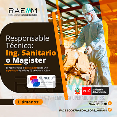 RAEOMINAM.COM RAEOMINAM RAEOM Registro Autoritativo de Empresas Operadoras MINAM, para transporte de Residuos Sólidos. Un ingeniero especialista en manejo y gestión de residuos sólidos debe poseer un sólido conocimiento de las leyes y regulaciones ambientales relacionadas con el transporte y manejo de residuos en el Ministerio del Ambiente en Lima Perú. Debe estar familiarizado con las mejores prácticas de la industria, ambiental, reducción de impacto ambiental, transporte de residuos, tecnologías de tratamiento de residuos, reducción de la contaminación, valorización y trnasformación de residuos y técnicas de minimización de impacto ambiental. Documentos que acrediten la especialización y la experiencia en la gestión y manejo de residuos sólidos. Documentos que acrediten la especialización y la experiencia en la gestión y manejo de residuos sólidos.
                                                    Además, presentar una carta de compromiso debidamente firmada por el/la profesional que se hará cargo de la dirección técnica de la EO-RS; adjuntando para ello, en caso corresponda, copia de los documentos establecidos en la normatividad y reglamento vigente.
                                                    Asimismo, se debe indicar la autenticidad de los documentos presentados en copia simple, lo cual tendrá carácter de declaración jurada, de conformidad con lo establecido en el artículo 47 del Texto Único Ordenado de la Ley N° 27444, Ley del Procedimiento Administrativo General.