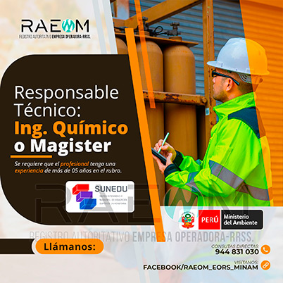 RAEOMINAM.COM RAEOMINAM RAEOM Registro Autoritativo de Empresas Operadoras MINAM, para transporte de Residuos Sólidos. Un ingeniero especialista en manejo y gestión de residuos sólidos debe poseer un sólido conocimiento de las leyes y regulaciones ambientales relacionadas con el transporte y manejo de residuos en el Ministerio del Ambiente en Lima Perú. Debe estar familiarizado con las mejores prácticas de la industria, ambiental, reducción de impacto ambiental, transporte de residuos, tecnologías de tratamiento de residuos, reducción de la contaminación, valorización y trnasformación de residuos y técnicas de minimización de impacto ambiental. Documentos que acrediten la especialización y la experiencia en la gestión y manejo de residuos sólidos. Documentos que acrediten la especialización y la experiencia en la gestión y manejo de residuos sólidos.
                                                    Además, presentar una carta de compromiso debidamente firmada por el/la profesional que se hará cargo de la dirección técnica de la EO-RS; adjuntando para ello, en caso corresponda, copia de los documentos establecidos en la normatividad y reglamento vigente.
                                                    Asimismo, se debe indicar la autenticidad de los documentos presentados en copia simple, lo cual tendrá carácter de declaración jurada, de conformidad con lo establecido en el artículo 47 del Texto Único Ordenado de la Ley N° 27444, Ley del Procedimiento Administrativo General.