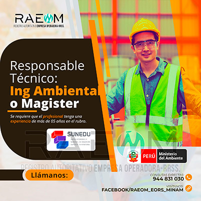 RAEOMINAM.COM RAEOMINAM RAEOM Registro Autoritativo de Empresas Operadoras MINAM, para transporte de Residuos Sólidos. Un ingeniero especialista en manejo y gestión de residuos sólidos debe poseer un sólido conocimiento de las leyes y regulaciones ambientales relacionadas con el transporte y manejo de residuos en el Ministerio del Ambiente en Lima Perú. Debe estar familiarizado con las mejores prácticas de la industria, ambiental, reducción de impacto ambiental, transporte de residuos, tecnologías de tratamiento de residuos, reducción de la contaminación, valorización y trnasformación de residuos y técnicas de minimización de impacto ambiental. Documentos que acrediten la especialización y la experiencia en la gestión y manejo de residuos sólidos. Documentos que acrediten la especialización y la experiencia en la gestión y manejo de residuos sólidos.
                                                    Además, presentar una carta de compromiso debidamente firmada por el/la profesional que se hará cargo de la dirección técnica de la EO-RS; adjuntando para ello, en caso corresponda, copia de los documentos establecidos en la normatividad y reglamento vigente.
                                                    Asimismo, se debe indicar la autenticidad de los documentos presentados en copia simple, lo cual tendrá carácter de declaración jurada, de conformidad con lo establecido en el artículo 47 del Texto Único Ordenado de la Ley N° 27444, Ley del Procedimiento Administrativo General.